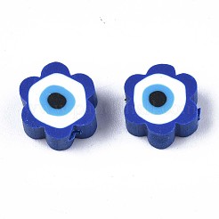 手作り樹脂粘土ビーズ  ナザールボンジュウ付き花  ダークブルー  9x9x4.5mm  穴：1.8mm&nbsp;X1-CLAY-N007-003-01