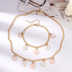 Alloy Enamel Round with Letter HAPPY Charm Bracelets & Necklaces Set for Women&nbsp;WGF4431-01