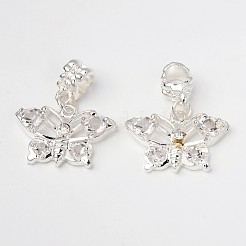 真鍮ラインストーンヨーロピアンダングルチャーム  蝶  合金パーツ  銀色のメッキ  透明  29mm  穴：4.5mm&nbsp;X-PALLOY-D342-05