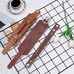 牛革ブレスレット3個、3スタイル  男性用スナップブレスレット  サドルブラウン  9-1/8~11-1/4インチ（23cm）  1個/スタイル&nbsp;BJEW-CL0001-39B