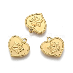 304ステンレススチールエンジェルペンダント  キューピッド/ケルビムとハート  ゴールドカラー  15x15x2mm  穴：1.6mm&nbsp;STAS-G218-07G