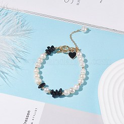 合金エナメルハートチャーム付きナチュラルオブシディアン＆パールビーズブレスレット  女性のためのアクセサリー用原石のアクセサリー  ゴールドカラー  7-5/8インチ（19.4cm）&nbsp;BJEW-JB08039-06
