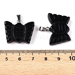 天然黒曜石の蝶の彫刻ペンダント  プラチナメッキの金属製スナップオンベイル付き昆虫チャーム  19~20x24~25.5x6.5~7mm  クラスプ：6.5x3x3.5~4mm&nbsp;G-N342-01A