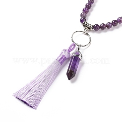 Natural Amethyst Bullet & Tassel Pendant Necklace with Mixed Gemstone Beaded Chains&nbsp;NJEW-E585-02C