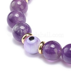 Natural Amethyst & Lampwork Evil Eye Round Beaded Stretch Bracelet&nbsp;BJEW-JB08713-06