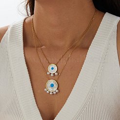 304ステンレススチール製アクリル製ブルーイーブルアイペンダント二重構造ネックレス（女性用）  模造パールと  ホワイト  ゴールドカラー  16.14インチ（41cm）&nbsp;WG0980E-01