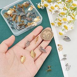 40個 10スタイル 304ステンレススチールスタッドピアス金具  水平ループとイヤーナット/ピアスバックキャッチ付き  葉  ゴールデン·ステンレス鋼色  13.5~19x8~11mm  穴：0.9~1.2mm  ピン：0.7mm  4個/スタイル&nbsp;STAS-MA0001-03
