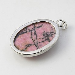 天然石ペンダント  真鍮パーツとロドナイト  オーバル  プラチナ  プラム  41x27.5x7.5mm  穴：3x6mm&nbsp;G-G077-3