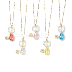 Glass Cat Shaped Pendant Brass Cable Chain Necklaces for Women&nbsp;NJEW-JN05274