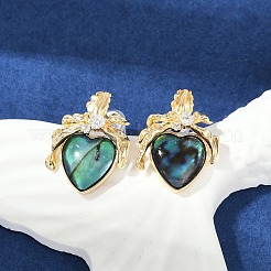 ハート真鍮アワビ貝とクリアキュービックジルコニアのスタッドピアス  14KGP本金メッキ  18.5x14mm&nbsp;KK-D301-09G