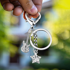 4Pcs 2 Colors Alloy Rhinestone Guitar & Acrylic Star Pendant Keychain&nbsp;KEYC-HY0001-33