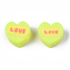 手作り樹脂粘土ビーズ  単語「love」付けのハート  緑黄  8~8.5x9~9.5x4.5mm  穴：1.8mm&nbsp;CLAY-N008-032H
