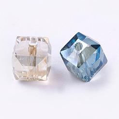 電気メッキガラスビーズ  虹メッキ  多面カット  キューブ  ミックスカラー  7x7x7mm  穴：1mm&nbsp;EGLA-E006-M1