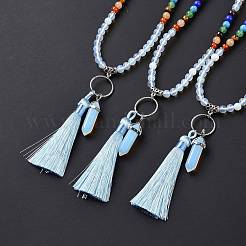 Opalite Bullet & Tassel Pendant Necklace with Mixed Gemstone Beaded Chains&nbsp;NJEW-E585-02F