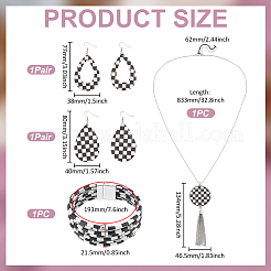 Tartan Teardrop PU Leather Pendant Necklaces & Bracelets & Dangle Earrings Sets&nbsp;SJEW-WH0007-07B