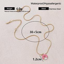 ヴィンテージスタイルのステンレススチール製エナメル加工ピンクデザートドーナツペンダントネックレス（女性用）  ゴールドカラー  14.96インチ（38cm）&nbsp;KI9226