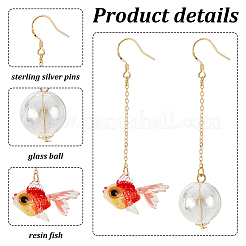 2ペア2色の樹脂魚とガラスボールの非対称イヤリング  女性用スターリングシルバーピン付きゴールデン合金チェーンロングタッセルダングルイヤリング  ミックスカラー  66~74mm  ピン：0.7mm  1ペア/カラー&nbsp;EJEW-AN0002-32