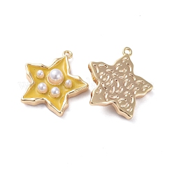 真鍮製エナメルペンダント  アクリルパール付き  スター  18KGP本金メッキ  きいろ  15.5x14.4x3.8mm  穴：1mm&nbsp;KK-I661-03G-C