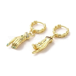馬の目が付いた手のひらの本物の 18k 金メッキ真鍮製ダングル フープ イヤリング  エナメル質とキュービックジルコニア付き  ミディアムターコイズ  36x8.5mm&nbsp;EJEW-Q797-21G-02