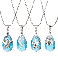 Ocean Alloy Sea Animal and Faceted Glass Teardrop Pendant Brass Round Snake Chain Necklaces for Women&nbsp;NJEW-JN05915-02
