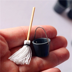 ミニプラスチックバケツ＆モップモデル  ミニチュアドールハウスの装飾アクセサリー  ティール  8~18.5x15~62mm  2個/セット&nbsp;MIMO-PW0003-018