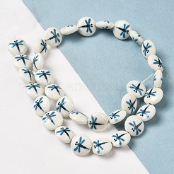 プリントされた合成白翡翠ビーズ連売り  フラットラウンド  トンボ  12x5mm  穴：1.5mm  約32個/連  14.57''（37センチメートル）&nbsp;G-P507-15A