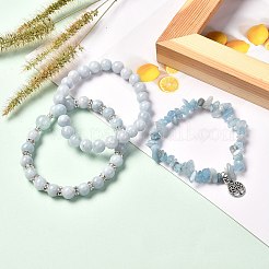 男性、女性、女の子へのギフト用の天然アクアマリンビーズストレッチブレスレットセット  生命の木チベットスタイルの合金チャームブレスレット  内径：2-1/8インチ（5.5cm）  ビーズ：2~10x4~10mm  3個/セット&nbsp;BJEW-JB06709