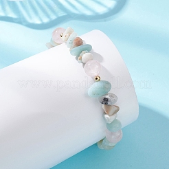Round Natural Rose Quartz & Flower Amazonite Chips & Brass Beads Stretch Bracelets for Women&nbsp;BJEW-TA00715