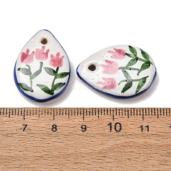 手作りの磁器のペンダント  手描き  涙型とチューリップのチャーム  ショッキングピンク  27~28x20x7mm  穴：1.8mm&nbsp;PR-CBAF2CB-03