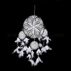 Handmade Round Cotton Woven Net/Web with Feather Wall Hanging Decoration&nbsp;HJEW-G015-06B
