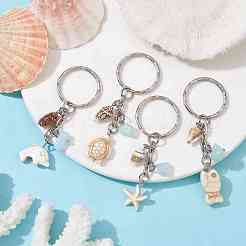 合成ターコイズ & シェル ペンダント キーチェーン  鉄のスプリットキーリング付き  ヒトデ/ウミガメ/魚/イルカ  7~7.6cm&nbsp;KEYC-JKC00654