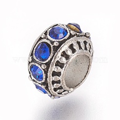 チベット風合金ヨーロピアンビーズ  ラインストーン付き  大穴ビーズ  ロンデル  サファイア  10~11x7mm  穴：5mm&nbsp;PALLOY-F224-16AS-05