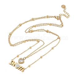 Mother's Day Double Layer 304 Stainless Steel Pave Clear Cubic Zirconia Word Mom Heart Pendant Necklaces for Women&nbsp;NJEW-L015-02G