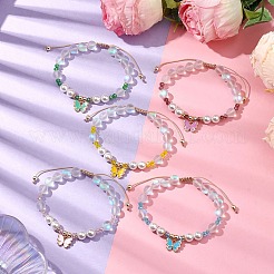 8mm ラウンド合成ムーンストーンとシェルパール編みビーズブレスレット  女性用調節可能な蝶合金エナメルチャームブレスレット  ミックスカラー  内径：2-1/8~3-1/4インチ（5.5~8.2cm）&nbsp;BJEW-JB10428