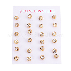 304ステンレススチール製イヤリング  ラインストーン付き  フラットラウンド  クリスタル  ゴールドカラー  15mm  ピン：0.6mm&nbsp;STAS-I113-03G
