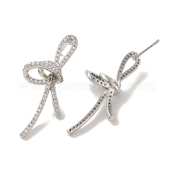 真鍮製スタンドピアス  キュービックジルコニア カドミウムフリー＆鉛フリー  蝶結び  プラチナ  32x14.5mm&nbsp;EJEW-R162-14P