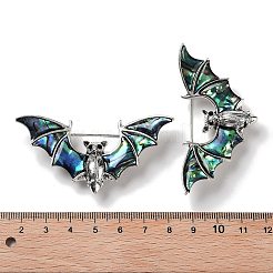 チベット風合金コウモリブローチ  天然パウア貝とラインストーン付き  アンティークシルバー  31.5x65x11mm&nbsp;JEWB-A021-01B-AS