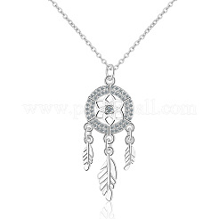 Brass Pave Clear Cubic Zirconia Flower Woven Web/Net with Feather Pendant Necklaces for Women&nbsp;WGCDCED-01