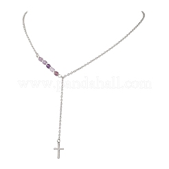 Natural & Synthetic Mixed Stone Faceted Cube Beads & 304 Stainless Steel Cable Chain Tassel Cross Pendant Necklaces&nbsp;NJEW-JN05845