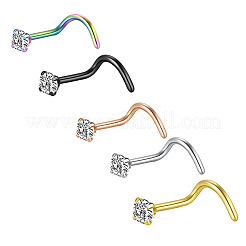 304 Stainless Steel Micro Pave Clear Cubic Zirconia Flat Round Fishtail Nose Rings&nbsp;WG924B3-03
