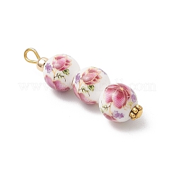 手作りの花柄磁器ペンダント3個  花  チベット風合金と真鍮を使用  ゴールドカラー  38.5x10mm  穴：3mm&nbsp;PALLOY-JF03974