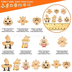 14個 7スタイル ハロウィンテーマラック メッキ 蓄光合金エナメルペンダント  暗闇で光る  ゴールドカラー  17.5~29.5x16.5~23.5x1~1.5mm  穴：1.6~1.8mm  2個/スタイル&nbsp;ENAM-FS0002-10G