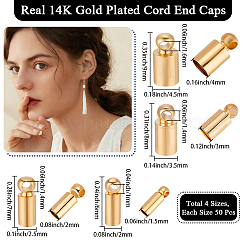 200個4スタイルの真鍮コードエンド  エンドキャップ  コラム  14KGP本金メッキ  6~9x2~4.5mm  穴：1~1.6mm  内径：1.5~4mm  50個/スタイル&nbsp;FIND-BBC0004-90