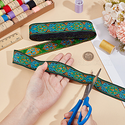 フラットなエスニックスタイルのポリエステル刺繍花柄リボン  洋服アクセサリー  グリーン  1-1/4インチ（33mm）  約7.66ヤード（7m）/ pc&nbsp;OCOR-WH0078-332C