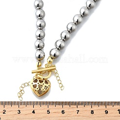 Brass Micro Pave Clear Cubic Zirconia Heart Pendant Round Beaded Necklaces for Women&nbsp;NJEW-D314-07PG