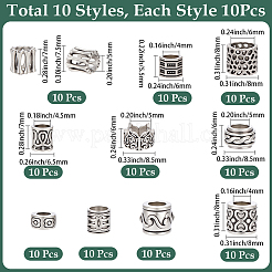 100 個 10 スタイルのチベットスタイル亜鉛合金ビーズ  コラム  アンティークシルバー  6~8.5x4~10mm  穴：4~6mm  10個/スタイル&nbsp;FIND-SP0005-92