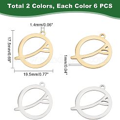 12個2色201ステンレスペンダント  レーザー切断  枝付きのフラットラウンド  ゴールデン·ステンレス鋼色  19.5x17.5x1mm  穴：1.4mm  6個/カラー&nbsp;STAS-UN0035-67