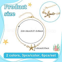 6Pcs 2 Colors Starfish Alloy & Plastic Pearl Anklets&nbsp;AJEW-GO0002-54