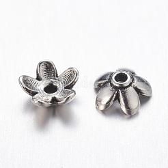 チベット風亜鉛合金ビーズキャップ  無鉛の  カドミウムフリーとニッケルフリー  花  アンティークシルバー色  6.5x3mm  穴：1mm&nbsp;X-TIBEB-6.5x3-AS-FF