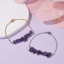 2個2色の天然アメジストチップビーズリンクブレスレットセット、304ステンレススチールアズキチェーン付き  女性のためのアクセサリー用原石のアクセサリー  7-1/2インチ（19cm）&nbsp;BJEW-JB07914-03
